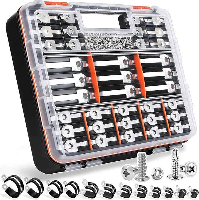 Taiss 320PCS Cable Clamps Assortment Kit 304 Stainless Steel Rubber Cushion Pipe Clamps 12 Sizes 3/16" 1/4" 5/16" 3/8" 1/2" 5/8" 3/4" 1" 1-1/4" 1-1/2" 1-3/4" 2" Wire Clamp(With two kinds of screws)
