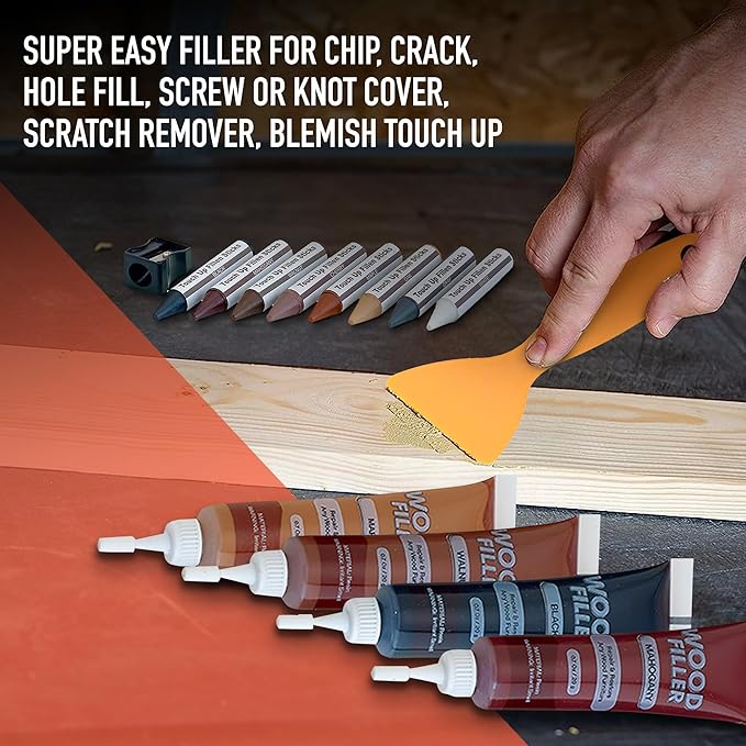 Furniture Repair Kit Set of 34, Wood Scratch Repair Markers, Wax Crayons and Wood Filler with Brushes and Sharpener for Furniture, Floors, Cabinets, Tables and Desks