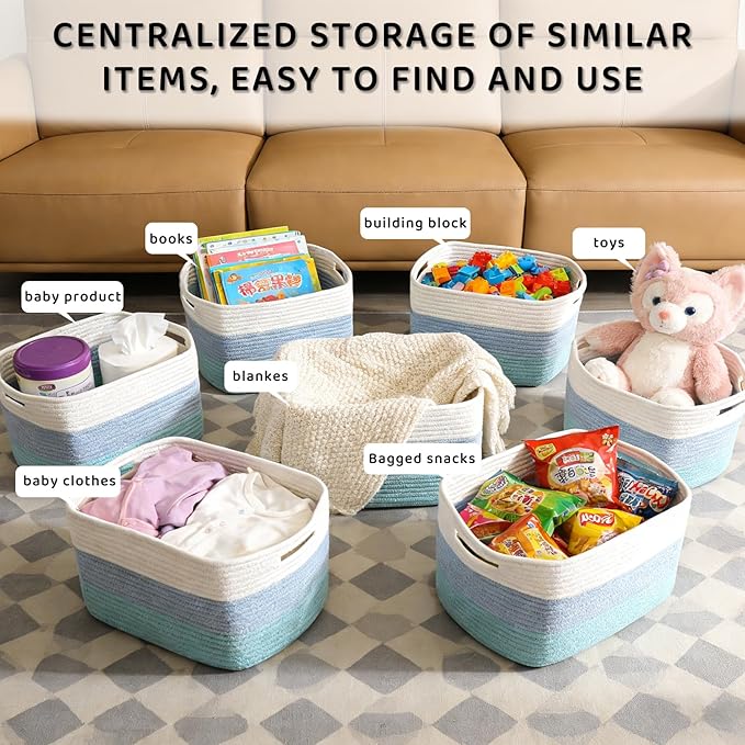 4 Pack Storage Baskets for Organizing, 12''Lx10''Wx8''H Woven Baskets for Storage Toys, Towels, Books, and Clothes, Cotton Rope Basket for Shelves with Handle (White & Blue)