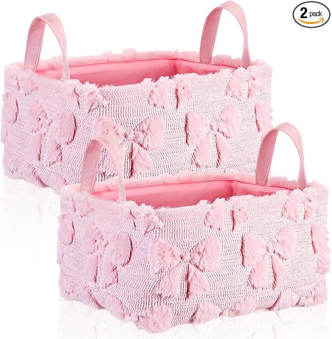 2 Pcs Pink Bow Storage Baskets 14x10 Inch Easter Gifts Baskets Laundry Foldable Fluffy Storage Bin with Handle Spring Coquette Decor Closet Organizer for Countertop Tabletop Shelf