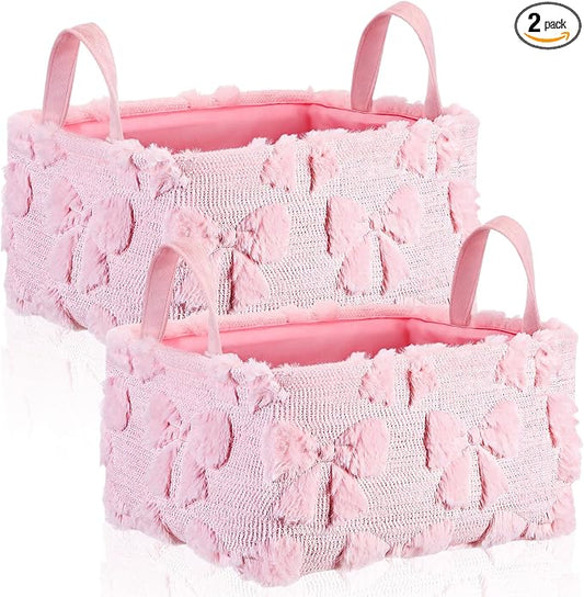 2 Pcs Pink Bow Storage Baskets 14x10 Inch Easter Gifts Baskets Laundry Foldable Fluffy Storage Bin with Handle Spring Coquette Decor Closet Organizer for Countertop Tabletop Shelf