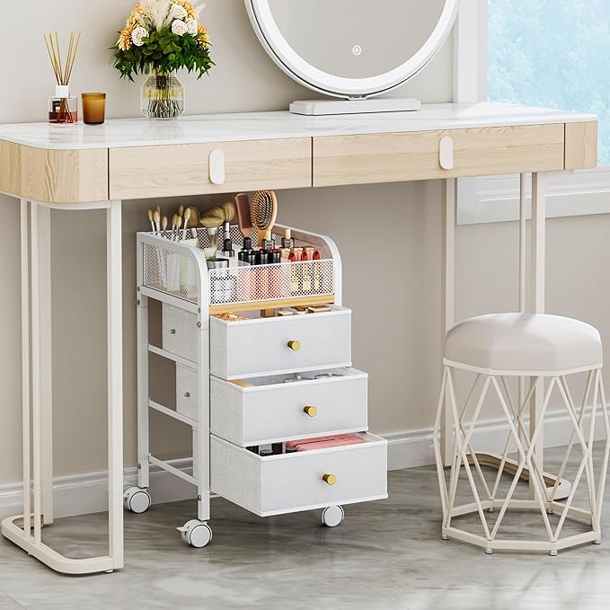 SWTYMIKI Rolling Makeup Organizer Cart - Floor Skincare Make Up Storage with 3 Non-woven Drawers, Vanity Organizer Cosmetic Display Cases Cabinet for Skin Care Perfume Nail Polish Brush Hair Tool