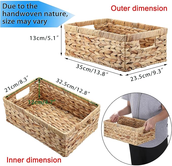 Hipiwe Water Hyacinth Wicker Storage Basket Opened Baskets Bin, Rectangular Shelf Basket Box for Organizing, Hand-Woven Closet Bedroom Organizer Bin Decorative Baskets with Handles, 13.8”x9.3"