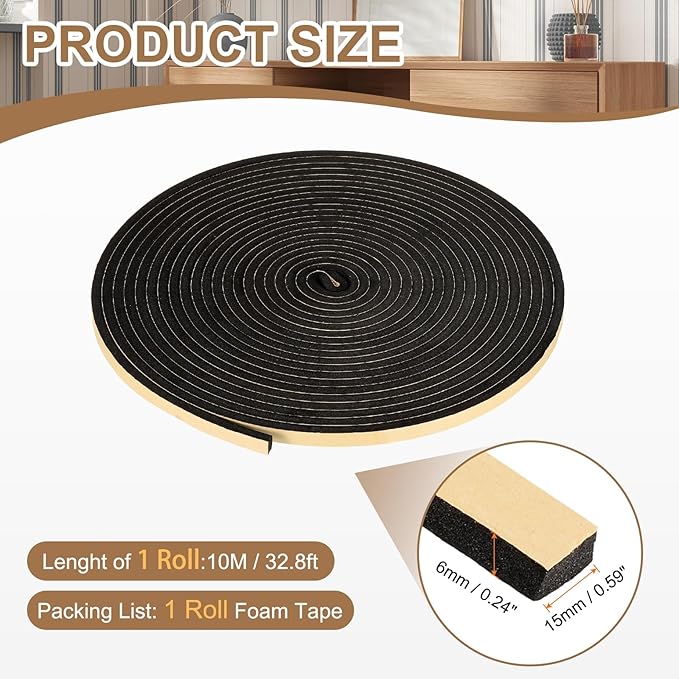 PATIKIL Foam Insulation Tape, 5/8" W x 1/4" t x 32.8FT Self Adhesive Weather Stripping Door Seal Strip for Door Window Air Conditioning, Black