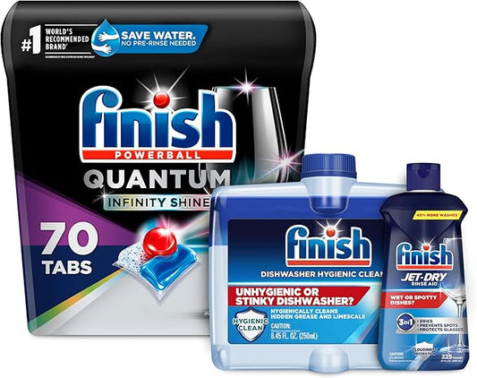 Bundle of Finish Quantum Infinity Shine - 70 Count - Dishwasher Detergent + Jet-Dry Rinse Aid + Dishwasher Cleaner - Liquid Fresh