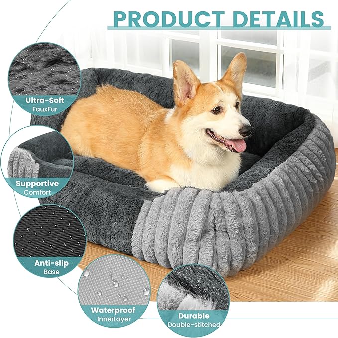 Dog Beds for Medium Dogs 32x24 Inch, Comfort-Sided Orthopedic Dog Bed Couch with Breathable Shredded Memory Foam, Faux Rabbit Fur Pet Bed, Non-Detachable, Non-Slip, Machine Washable