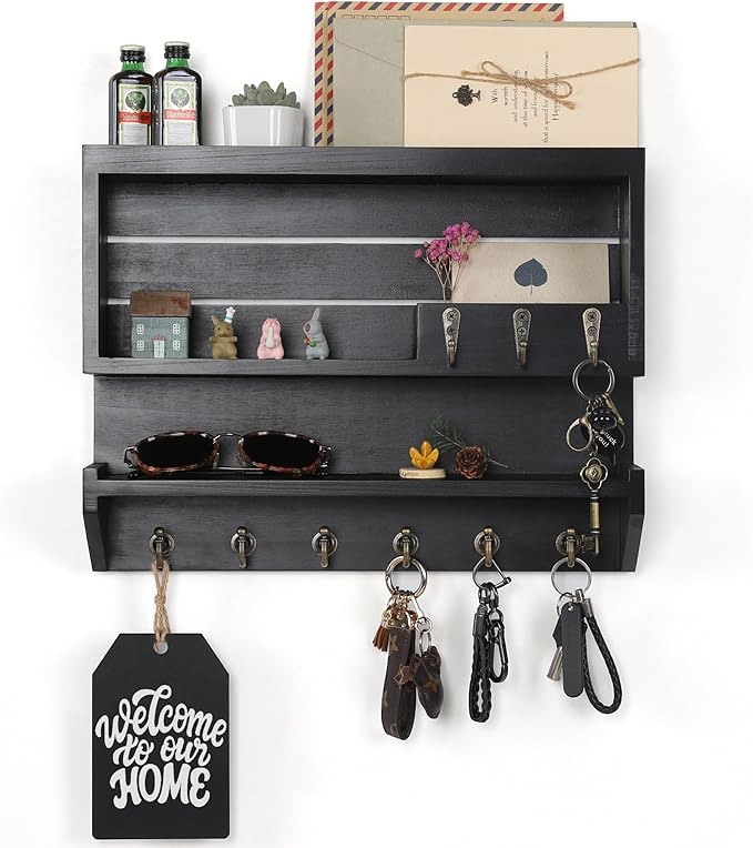 Innovation Premium Pine Wood Key Holder for Wall - Handcrafted Mail Organizer & Wall Mount Key Holder with 9 Sturdy Hooks, Finely Sanded & Hand-Sprayed Entryway Decor, Black