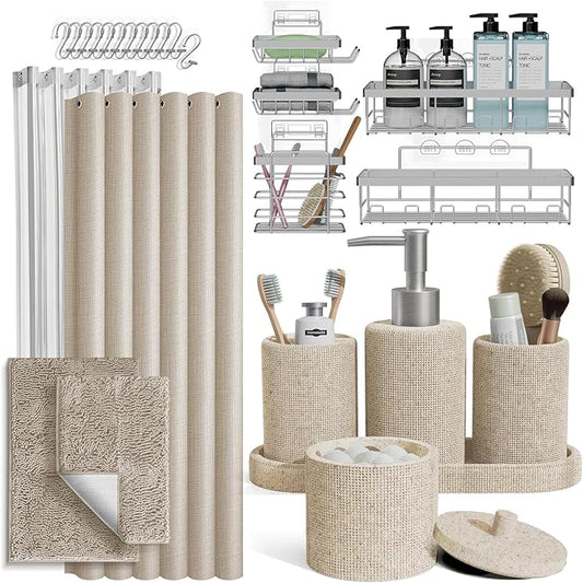 Clara Clark Beige Bathroom Set - Bathroom Sets with Shower Curtain and Rugs, 26PC Bathroom Accessory Set, Shower Curtain Set with Adhesive Corner Shower Caddy Hanging & Soap Dispenser