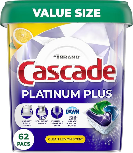 Cascade Platinum Plus Dishwasher Pods, Dishwasher Detergent, Dishwasher Soap, Dish Tabs, Dishwashing Tablets, Dish Detergent, Lemon, Actionpacs, 62 Count