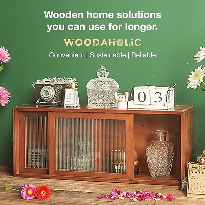 Sliding Glass Door Cabinet – Single-Level Mahogany Wood Display Shelf – Stackable Countertop Storage Organizer for Kitchen, Desks, Tables, and Shelves - 19.5" L x 5.3" W x 7.9" H
