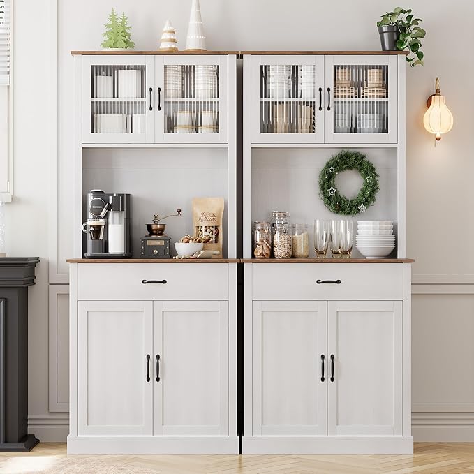 IDEALHOUSE Kitchen Pantry Cabinet with Microwave Stand, 71”Freestanding Tall Kitchen Cabinet with Doors and Shelves for Dining Room, White
