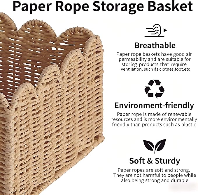 Scalloped Basket, Wicker Storage Baskets, Hand Woven Baskets for Shelves,Natural Baskets for Organizing (S-9.5" L x 9.5" W x 5.5" H)