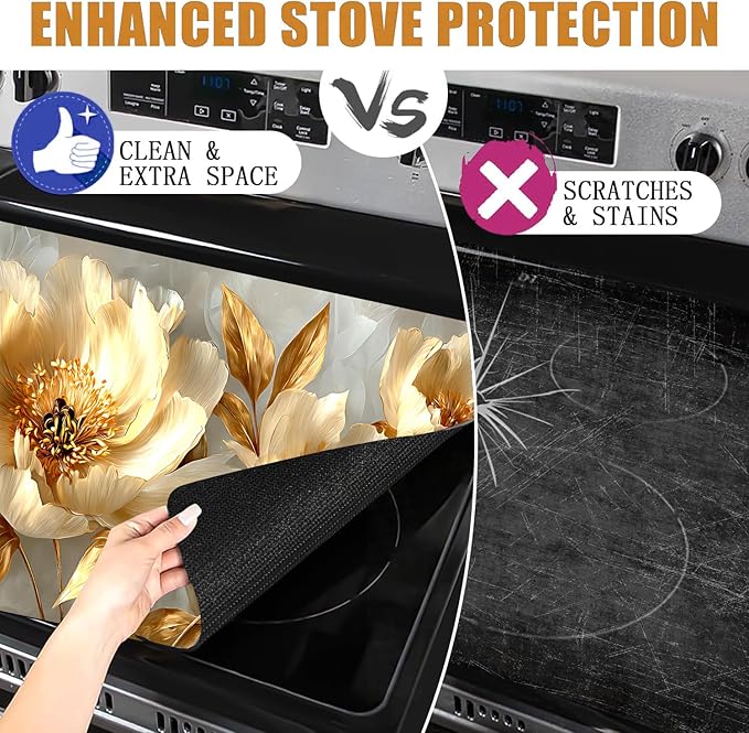 Stove Top Covers for Electric Stove, Stain-Resistant Cooktop Pad, Wipeable Range Cover, Non-Slip Counter Mat, 28.3 x 20.5 Inches, Elegant Gold Floral Decor(Peony flower)