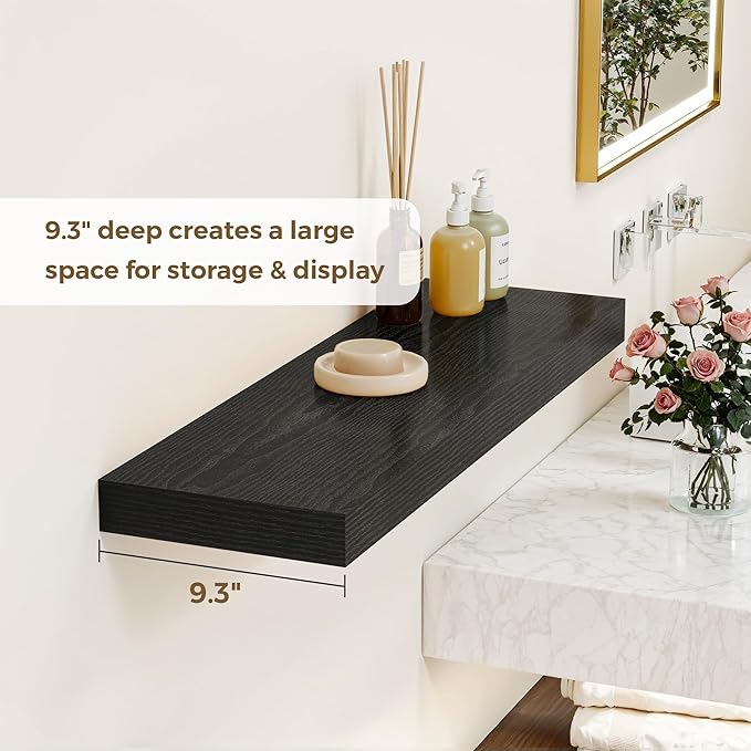 Dreamland 55 Inches Floating Shelves for Wall, 9.3" Deep Long Floating Shelves Set of 1, Large Display & Storage Shelf, Wall Shelf for Bathroom Bedroom Living Room Kitchen Office, Black