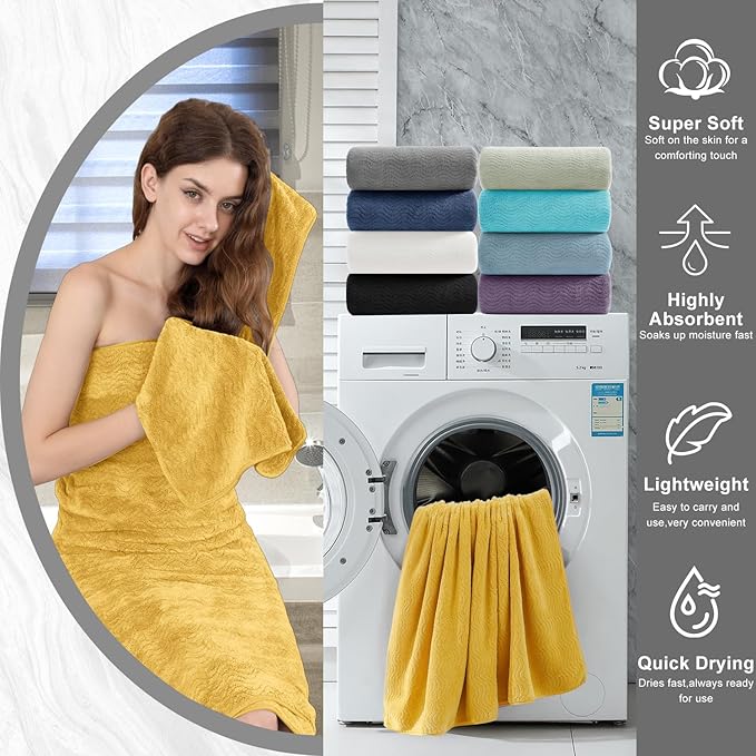 8 Piece Bath Towel Set |2 Oversized Large Bath Sheet,2 Hand Towels,4 Washcloths| Ultra Soft Cozy Bath Towel Set for Bathroom Hotel Gym Spa,Highly Absorbent Quick Dry Bathroom Towel Collections,Yellow
