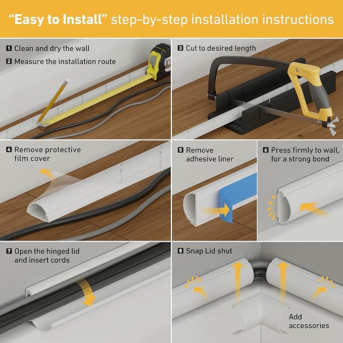 D-Line 13.12ft Cord Hider Kit, Patented Cable Cover, Hide Wires on Wall, Channel for TV Mount Cords, Raceway Wire Hiders, Paintable, Adhesive, Half Round, 4X 1.18in W x 0.59in H x 39in Lengths, Beige