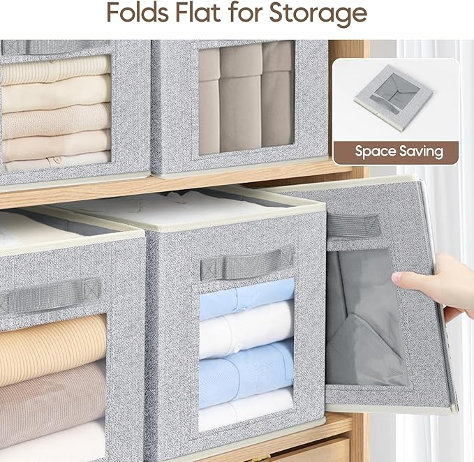 Foldable Storage Cubes - Square Organizer with Window, Decorative Baskets for Organizing, Fabric shelf Basket for Clothes, 11 Inch Closet Storage Cubes, Set of 12, Light Grey