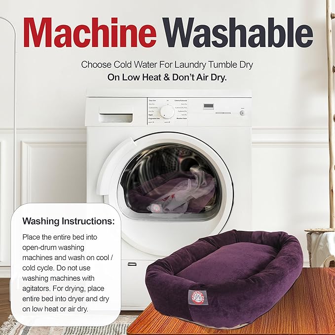 Majestic Pet 32 Inch Micro Velvet Calming Dog Bed Washable – Cozy Soft Round Dog Bed with Spine for Head Support - Fluffy Donut Puppy Mat 32x23x7 (inch) Medium – Aubergine (2025)