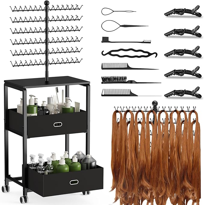 Portable Braiding Hair Rack with Wheels & Storage Drawers,168 Pegs Hair Extension Holder Hanger for Braiding Hair Separator Stand Display,Hair Rack with Stylist Hair braiding Tools(Black)