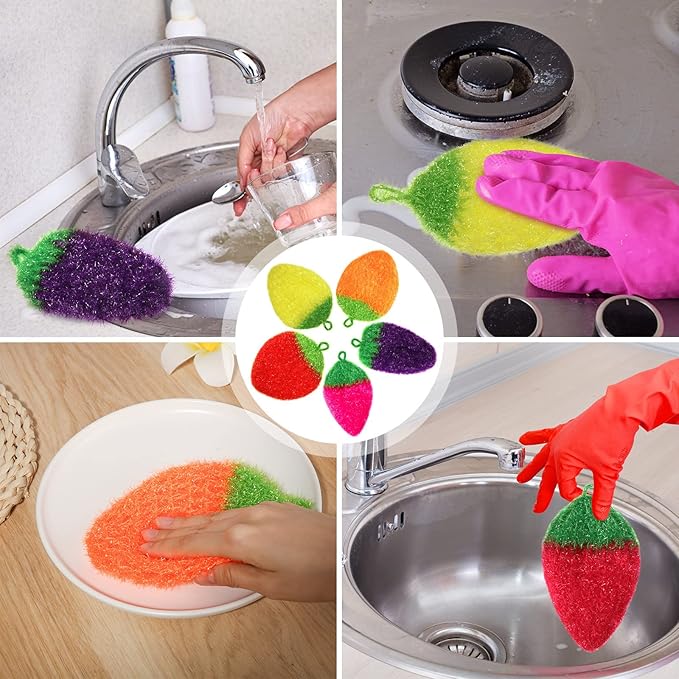 10 Pieces Strawberry Colorful Scrubber Cute Multiuse Dish Scrubber Non Scratch Dish Sponge Strawberry Kitchen Decor Washcloth for Scrubbing, Dishwashing, Scrubbers, Bathrooms, Floors (5 Colors)