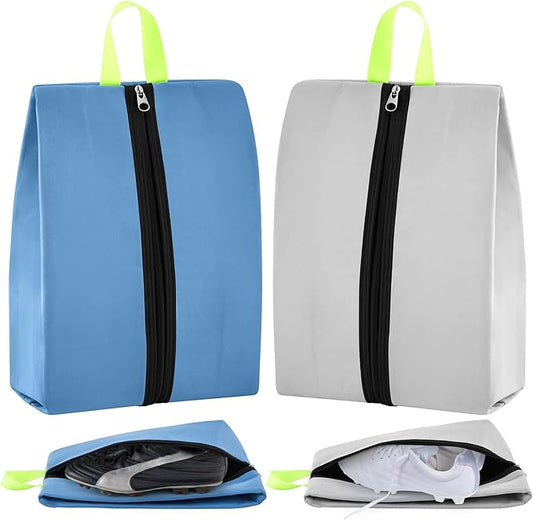 2 Pcs Smell Proof Cleat Bag for Sports, 4 Layer Odor Absorbing Soccer Football Baseball Golf Shoe Bag, Waterproof Mud Resistant Shoe Storage Pouch Fits up to Size 14 (Gray,Blue)