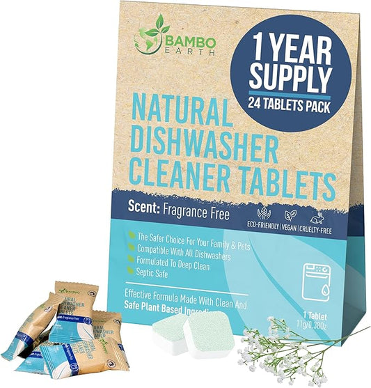 Natural Dishwasher Machine Cleaner Tablets - Plant Based Alternative Refill Dishwashing Detergent Tabs - Eco-Friendly And Plastic Free Way For Clean Dishwasher - 24 Pack Refills Dish Washer Soap Pods