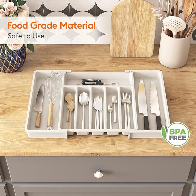 Lifewit Silverware Drawer Organizer, Expandable Utensil Tray for Kitchen, BPA Free Flatware and Cutlery Holder, Adjustable Plastic Storage for Spoons Forks Knives, 13-22 x 15", White