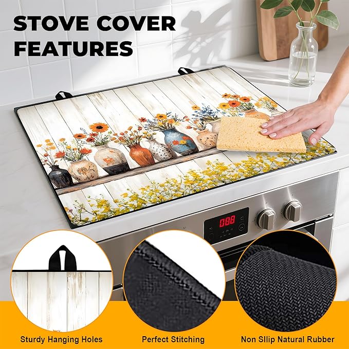 Stove Top Cover Retro Flower Gas Stove Top Cover for Home Decoration Kitchen Pad Non-Stick Washable Cooktop Covers Countertop Protector Keep Stove Clean 28"x20" (Vase)