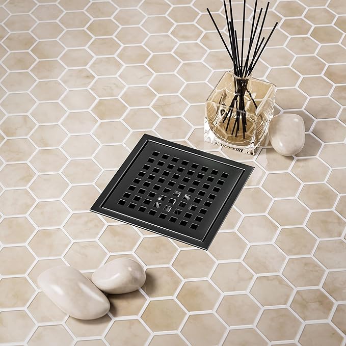 6 Inch Square Black Shower Drain with Flange, Modern Floor Drain with Quadrato Pattern Grate Removable,SUS 304 Stainless Steel