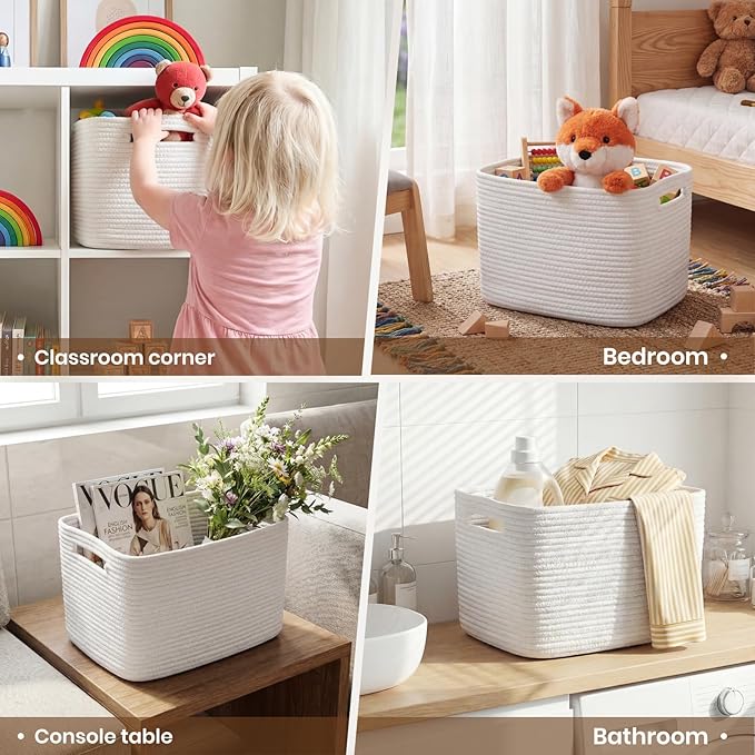 Storage Baskets for Organizing, 14 x 10 x 9” Closet Shelf Woven Baskets, Square Bins with Handles, Cotton Rope Basket for Toys, Clothes, Office, Room, White 4 Pack
