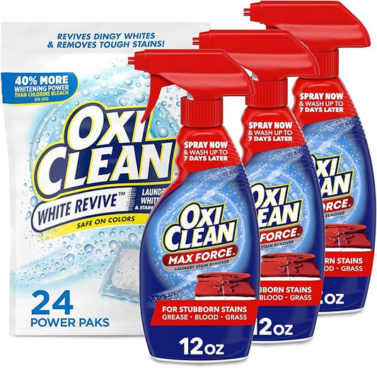 Bundle of OxiClean White Revive Laundry Whitener and Stain Remover Power Paks, 24 Count + OxiClean Max Force Laundry Stain Remover Spray, 12 Fl. Oz, 3-Pack