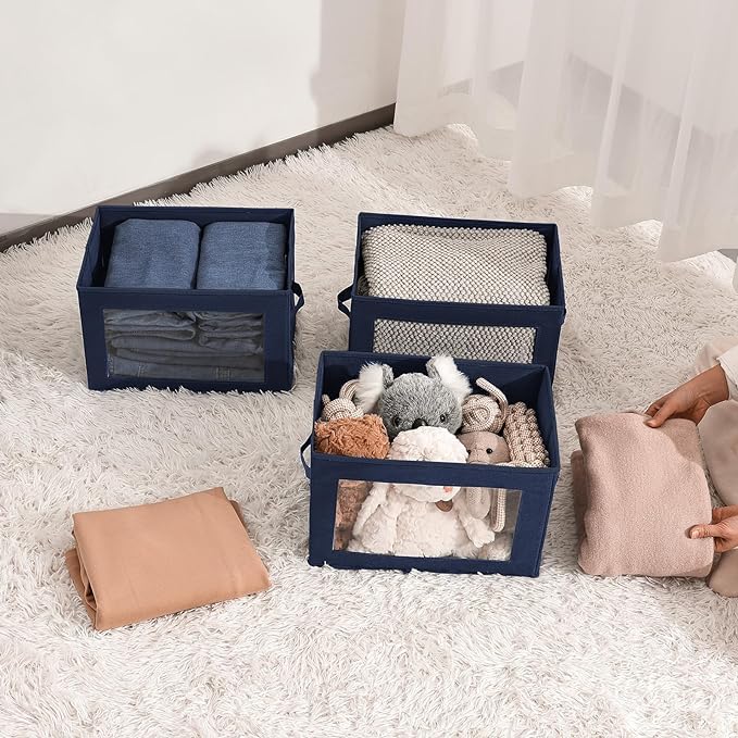 Minimalist 6 Pack Large Fabric Storage Bins with Lids, Navy Blue, 14 Inch. - 6 Count, Ideal for Clothes, Books, CD, Bedroom, Living Room