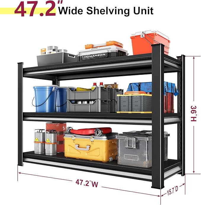 48''W Garage Shelves Heavy Duty - 1,560Lbs Steel Metal Adjustable Utility Storage Shelving Rack Units 48" W x 16" D x 36" H 3 Tier Black