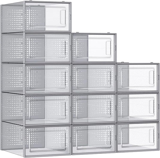 SONGMICS Shoe Boxes, Pack of 12 Shoe Storage Organizers, Stackable Clear Plastic Boxes for Closet, Sneakers, 13.1 x 9.1 x 5.6 Inches, Transparent and Gray ULSP006G12