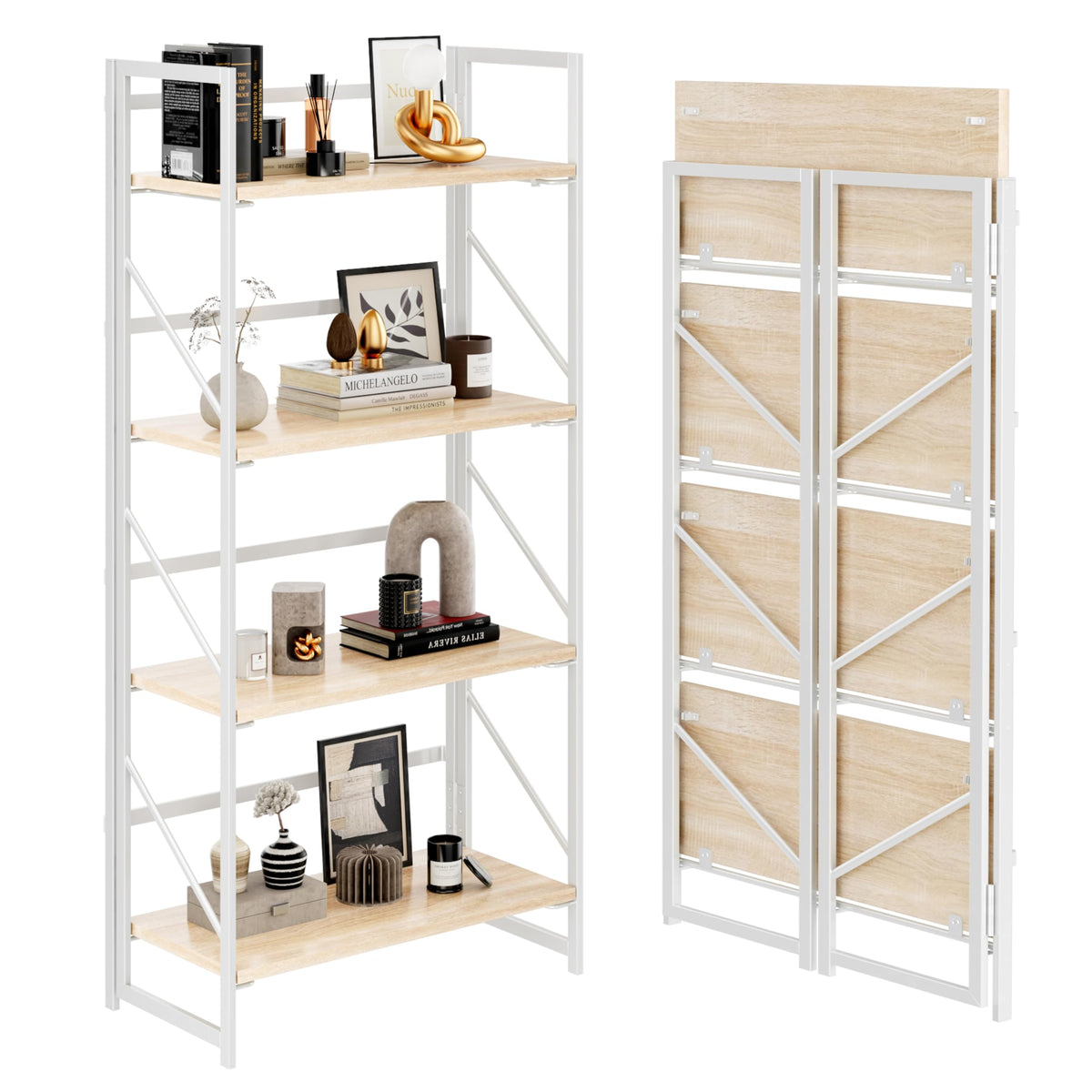 JSB No Assembly Folding Bookshelf, 4 Tier Industrial Metal - Image 1