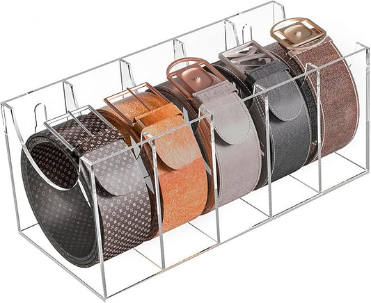 5 Compartments Acrylic Belt Organizer, Clear Belt Display Case for Tie Organizer Wall Mounted