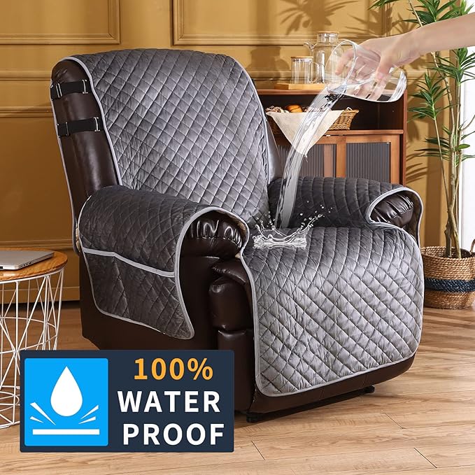LUFEIJIASHI Recliner Covers Non Slip Waterproof Recliner Chair Covers for Leather Chairs Reversible Recliner Sofa Cover for Living Room Recliner Furniture Protectors Covers for Dog Dark Grey 23"