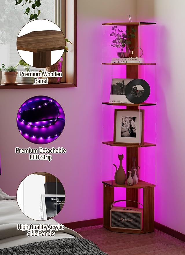 6 Tier Corner Display Rack with Light Clear Arylic Corner Shelves 63in Tall Cabinet with Dimmable LED Light for Display Curio Cabinet