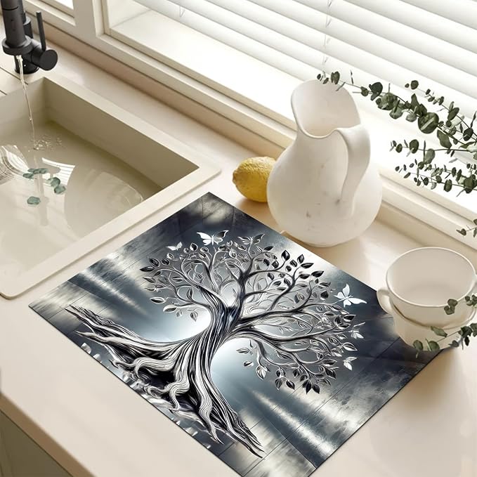Diatomite Tree of Life Stove Top Cover for Electric Stove Butterfly Dish Drying Mat 28x20 Inch Kitchen Protector Heat Resistant Pad Coffee Mat