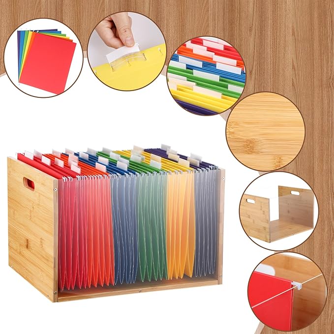 Clear Acrylic File Box Hanging File Organizer with 30 Pcs Hanging File Folders Bamboo Hanging Folder Storage Filing Crate Bin Holder with Handle for Home Office Desk Letter Size