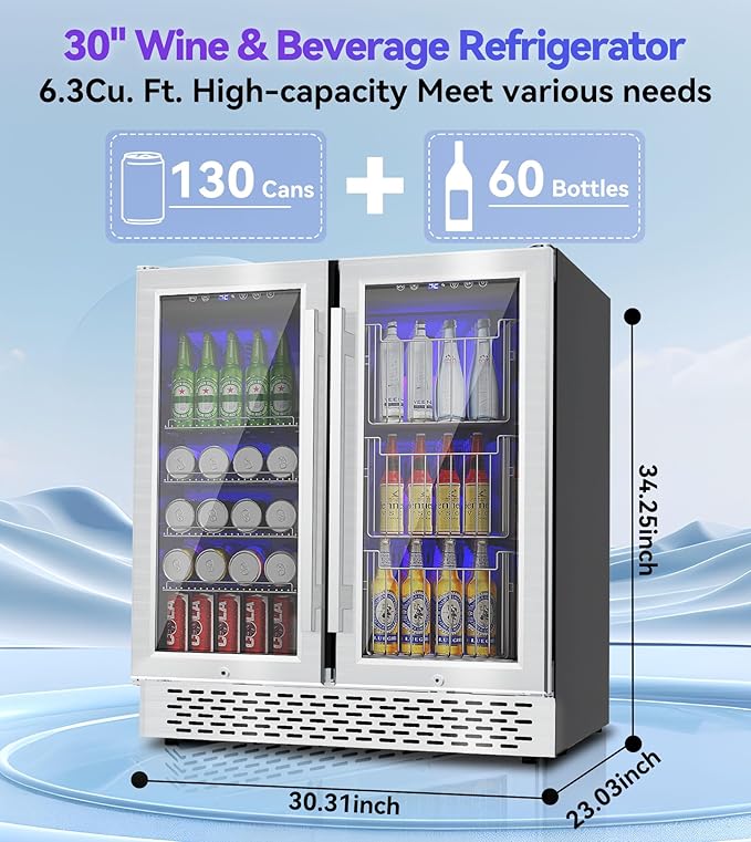 Dual Zone Beverage Refrigerator, 30'' Beverage Fridge with Detachable Basket, Intelligent Control Beverage Cooler with Glass Door Built-in or Freestanding with Blue LED Light, Hold 130 Can 60 Bottle
