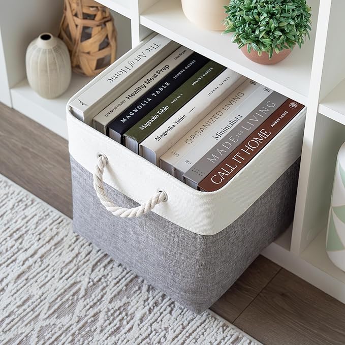 OrganiHaus 12x12 Cube Storage Bins 4 Pack, Foldable Cube Storage Organizer w/ Rope Handles, Collapsible Fabric Bins for Toys, Clothes & Closet Organization, Fabric Square Baskets - Gray/White