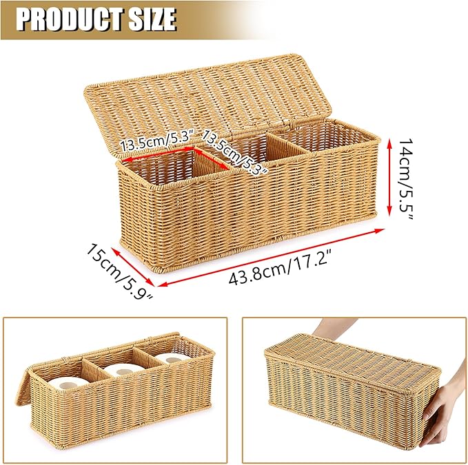 Sumnacon Wicker Storage Basket with Lid, Rectangular Narrow Baskets for Bathroom, Farmhouse Imitation Rattan Bin with Dividers, Decorative Handwoven Tray Organizer for Countertop Shelves Toilet Tank