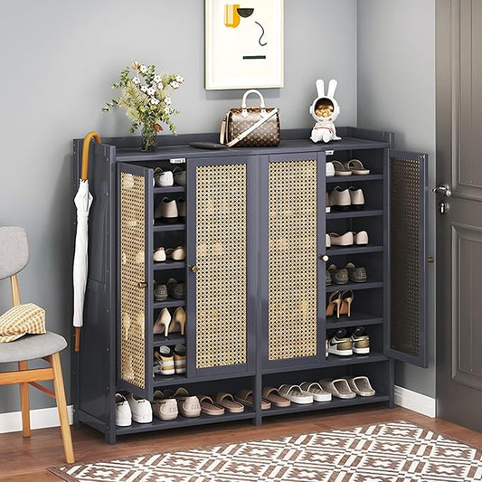 Bamboo Shoe Cabinet, 36-40 Pairs 8 Tier Shoe Rack with Doors, Freestangding Shoe Cabinet Organizer with Shelves, 43" Tall Shoe Rack Organizer for Entryway, Closet, Hallway