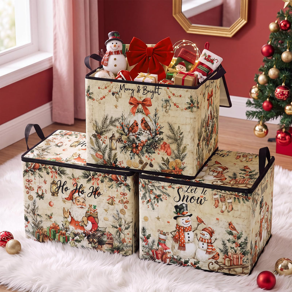 3 Pack Vintage Christmas Storage Bins with Lid Basket for Gifts - Image 1