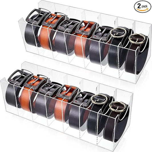 Juexica 2 Pcs Belt Organizer,14 Compartments 15.6in Belt Holder Storage Box,Thick Acrylic Belts Organizer,Clear Display Case for Closet and Bow Tie