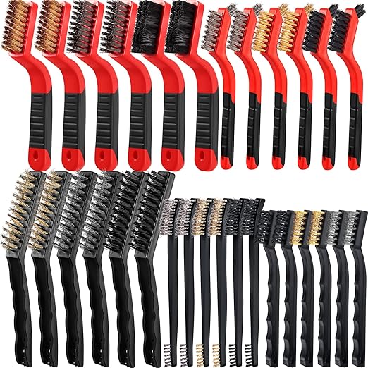 Sumind 15 Pcs Wire Cleaning Brush Set Nylon/ Stainless Steel/ Brass Metal Brush with Curved Handle Grip Paint Remover for Cleaning Rust Grout Cleaner (Nylon, Brass, Stainless Steel)