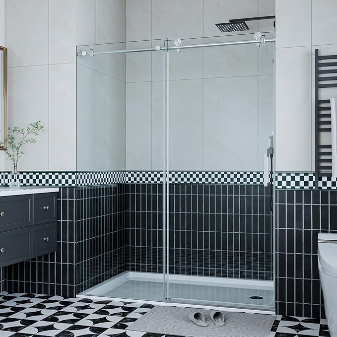 Sliding Shower Door 56–60 inch W× 76 inch H, Frameless Glass Shower Door with Round Stainless Steel Rail and 55mm Rollers, 6mm Tempered Glass, Brushed, Modern Shower Enclosure for Bathroom Remodeling