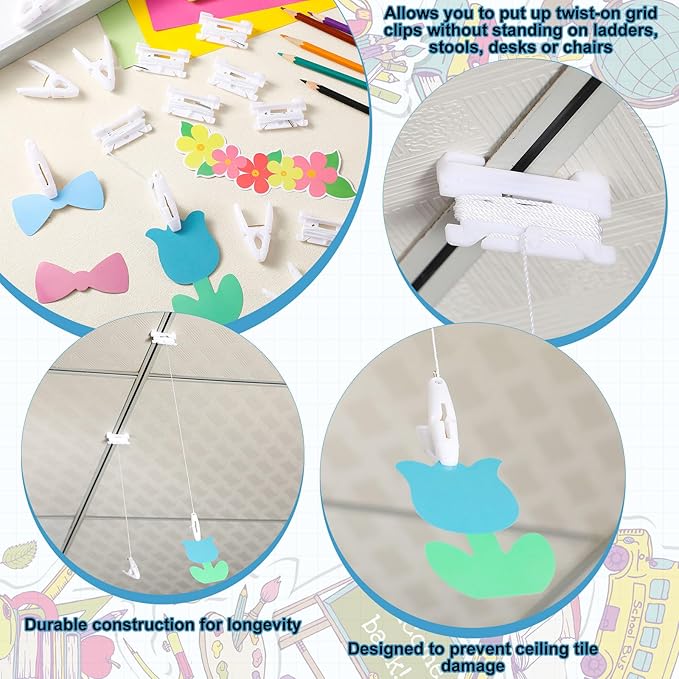 20 Pairs Drop Ceiling Clips for Classroom Ceiling Hanging Hooks White Hangers Clips for Hanging Drop Grid Decorations