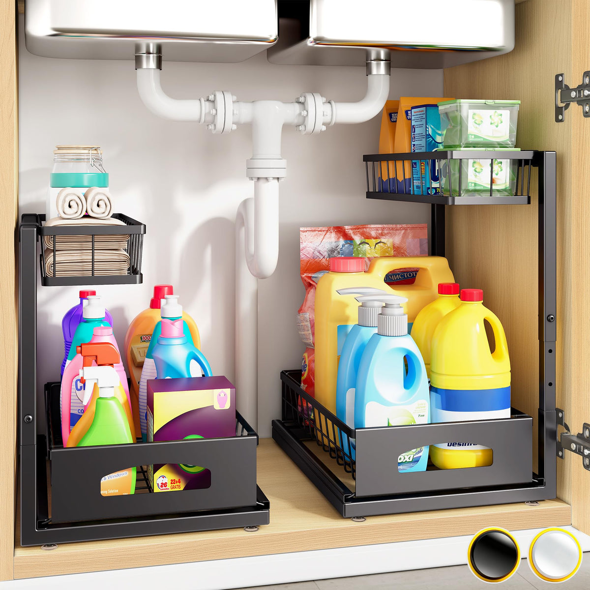 Under Sink Organizer, 2-Pack L-Shaped Metal Pull-Out Drawers - Image 1